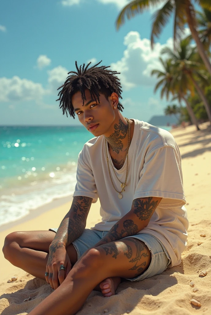 arafed man in a pool with a chain around his waist, xxxtentacion, taken in the early 2020s, flaunting his wealth, photo in style of tyler mitchell, water dripping off him, centerfold, tattoos all over the skin, dripped out, in style of tyler mitchell, slide show, travis scott, photo shoot, bottom shot silver iced chains all over his body