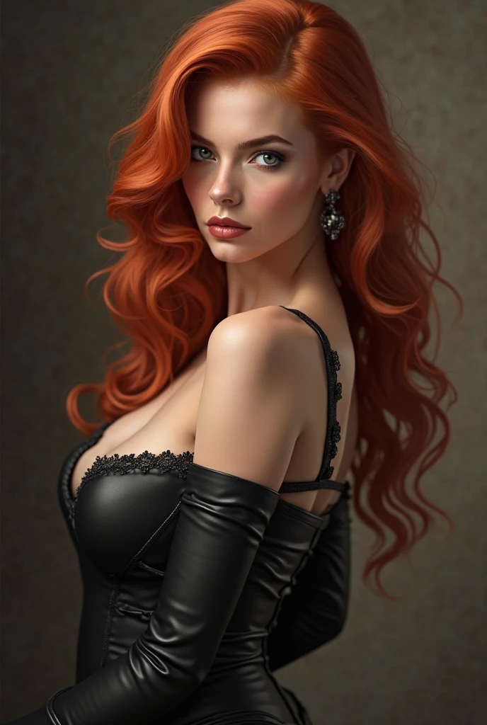 (masterpiece, Best Quality, cinematographic, photorealistic, ultra detailed), 1 girl, thick, (plano general, from the front:1.5), (elegant looking woman in black dress:1.4), (Red hair, long straight hair:1.2), perfect hands, perfect face, (burst breasts, Great cleavage:1.4), round ass, (seductive pose:1.2), (green eyes, soft and shiny eyeshadow, detailed students, Defined tabs), (blush, lips slightly parted, Cherry Lips:1.2), (gradient background:1.2), (propensity:1.3), (armpit shown:1.3)