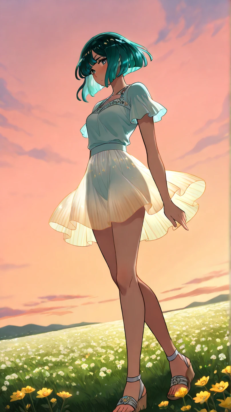 reasonable design, Clear lines, High Sharpness, (highest quality,4K,Perfect sharpness,Ultra fine,High resolution,masterpiece:1.2), Perfect Anatomy:1.5, Official Art, Illustrations that tell a story, (Whitish background:0. 9)、Body Positivity、More Mr.Physical expression、(Random and mischievous poses)、Perfect beauty、Perfect beautiful face、Strong winds、A rich expression、Dynamic composition、smile、Golden ratio composition、colorful、(Mr.Different angles and perspectives)、anime art、mini skirt、(Overcoming stereotypes)、 Glowing Skin、(Natural beauty)、smile、bangs、Straight Hair、(Soft and flowing hair)、(Rural Scenery)、(Nostalgic atmosphere)、Insert up to the thighs、(Playful and carefree)、(More Mr.Ethnic characters)、(innocent attitude)、(Sunny atmosphere)、Skirt flipped up、(Bright colors)、Belly button exposed、Beautiful Eyes、A skirt fluttering in the wind、Put it in to your feet、Some composition patterns、Tank top、Angle from behind、Angle from below、Sensual、
