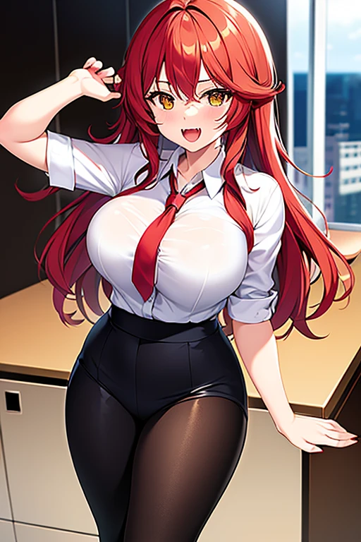 masterpiece, best quality, ultra-detailed, illustration, colorful, flat color, depth of field, 1girl, anime, sitting, redhead, messy hair, blue eyes, looking at viewer, at office, detached collar, detached cuffs, bunny ears,  black tie, black lace bra, navel, pantyhose, black pantyhose, detailed skin texture, detailed cloth texture, beautiful detailed face, seductive grin, large breasts, young girl, slender