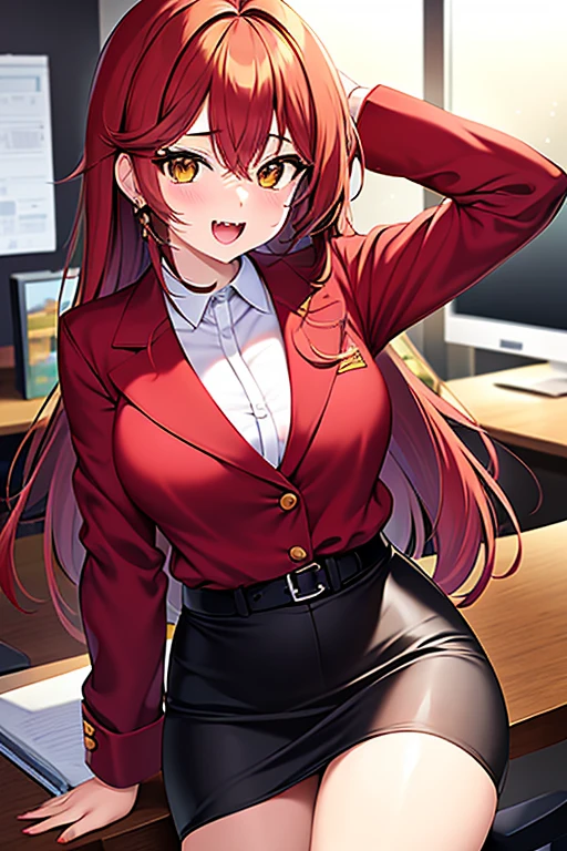 , , mksks style, detailed background, 1 girl, alone, Itsuki Nakano, elder, mature woman, star hair ornament, long hair, redhead, choke, bangs, hair amazing eyes, Braid, blue eyes, big breasts , OL, red glasses, Fundo, black suit jacket, collared jacket, white dress shirt, collared shirt, neckline, button, strap, ID card on neck, black pencil skirt, black pantyhose, smile, blush, looking at the viewer,throw(from below), fascinating, pulpit,classroom,interior, ((sweat blush, big breasts, Medium waist, wide hips, Middle legs, good anatomy、good hand