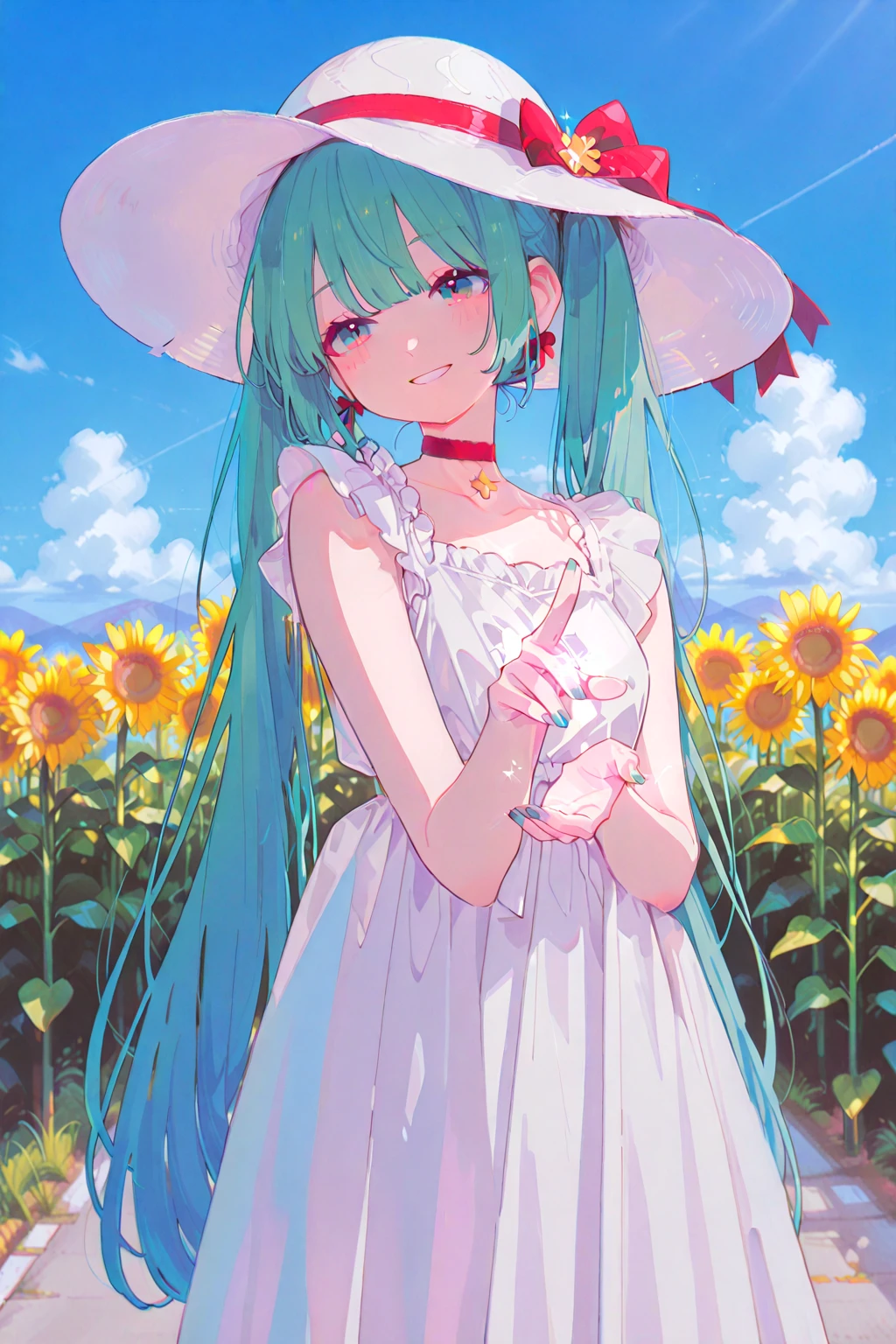 white dresses,White canvas shoes,Mature girls,long white hair,Light green eyes,Wearing a straw hat,Sunflowers in straw hats,adolable,vivaciousness