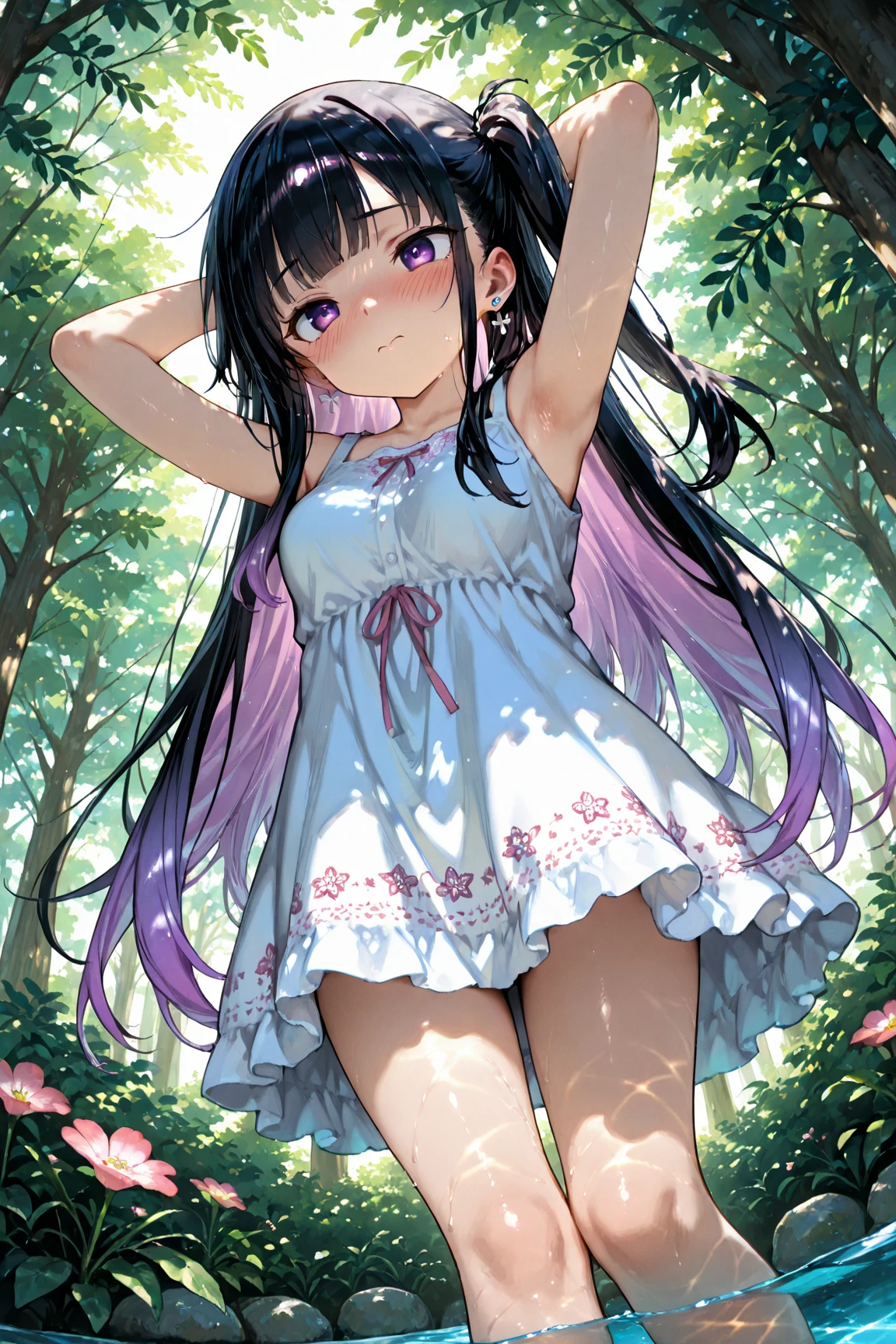 (masterpiece,highest quality,Ultra-high resolution,Highly detailed 8k wallpaper,Super detailed,Very condensed one girl,Delicate and beautiful features,Beautiful fine details,Beautiful lighting,anatomically correct),View Viewer,from the front,plaid one piece,open mouth,nervous smile,shy,13 years old,slender,middle hair, little two side up,flat chest,shiny hair,Fair skin,Straight black hair