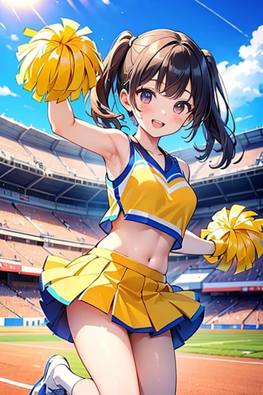 ((NSFW)),irohaisshiki, Iroha Isshiki, short hair, brown hair, (Brown eyes:1.5), smile,happy smile, smile, Open your mouth,(cheer leading), (whole body), Big Breasts, Lower, (Sweaty), Sweaty Wet Clothes, (Yellow clothes),Yellow pleated skirt,sneakers , Belly button support, playground, ((Jump), (Jump), (足を曲げてJumpする)), air, blue sky, Grass原, smile
チアリーダー, Pom-pom \(cheer leading\), Grass, smile, 
break outdoors,Stadium,
break looking at viewer,(Cowboy Shot:1.5),
break (masterpiece:1.2), highest quality, High resolution, unity 8k wallpaper, (shape:0.8), (Fine and beautiful eyes:1.6), Highly detailed face, Perfect lighting, Highly detailed CG, (Perfect hands, Perfect Anatomy),(No underwear),((View from below)),