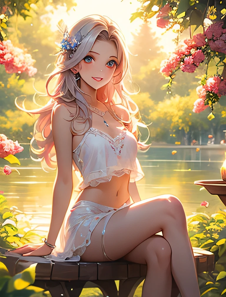 melancholy lighting, quiet, calm, brightness, masterpiece, best quality, 1girl, (JinxLol:1.2), (ultra photorealistic:1.3), (masterpiece:1.4), best quality, ((realistic)), high quality, ultra detailed, ((Real image)), ((realistic skin)), ((realistic face)),(illustration:1.05), (beautiful:1.05), (beautiful detailed eyes:1.05), (cinematic light:1.1), Full body, precise proportions, 18-year-old girl, skinny model lying on the grass, surrounding garden, tree shadow, brown hair fluttering in the wind, tulle, long legs, feet slightly open, buttocks, blush, shyness, collarbone, abdominals, double weft, beautiful and delicate face, fair skin, real skin, (face detail), pores, super high resolution, 8k, parameters Best quality, masterpiece, super high resolution, (Realistic 2.0), More details, detailed skin, transparent panties, wide smile, white teeth, voluminous colored hair, perfect and well designed eyes, girlfriend, beautiful, beautiful, flowers, studio lighting