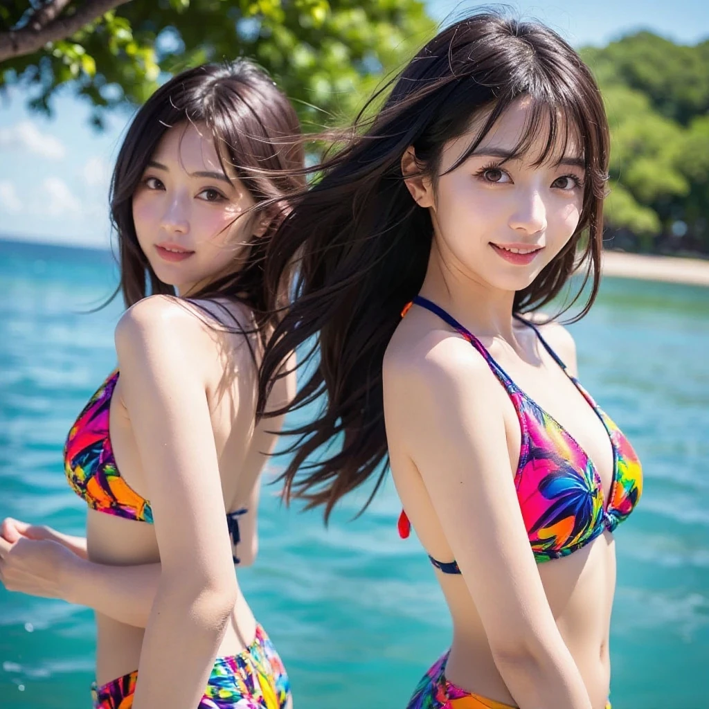 [ 4K Digital Art ]、((Highest quality, masterpiece, High resolution))、((Anime Art))、 ((reality))、Beautiful Japanese Women、((Two Women))、18-year-old、((dance、Dynamic limb movements))、(Detailed depiction of a beautiful face)、Smiling Kindly、Small breasts、Slim figure、Medium Short Hair、semi-long、Hair Bun、Wet see-through bikini、(The waist is wrapped in fabric with bold ethnic patterns and plenty of primary colors..。.)、Realistic Skin、Wet、whole body、No zoom、No close-ups、(Beautiful tropical beach landscape photography)、Cinematic Light、tropical、(Beach Flowers)、太陽輝くtropicalなプールサイドに、Blur the background、