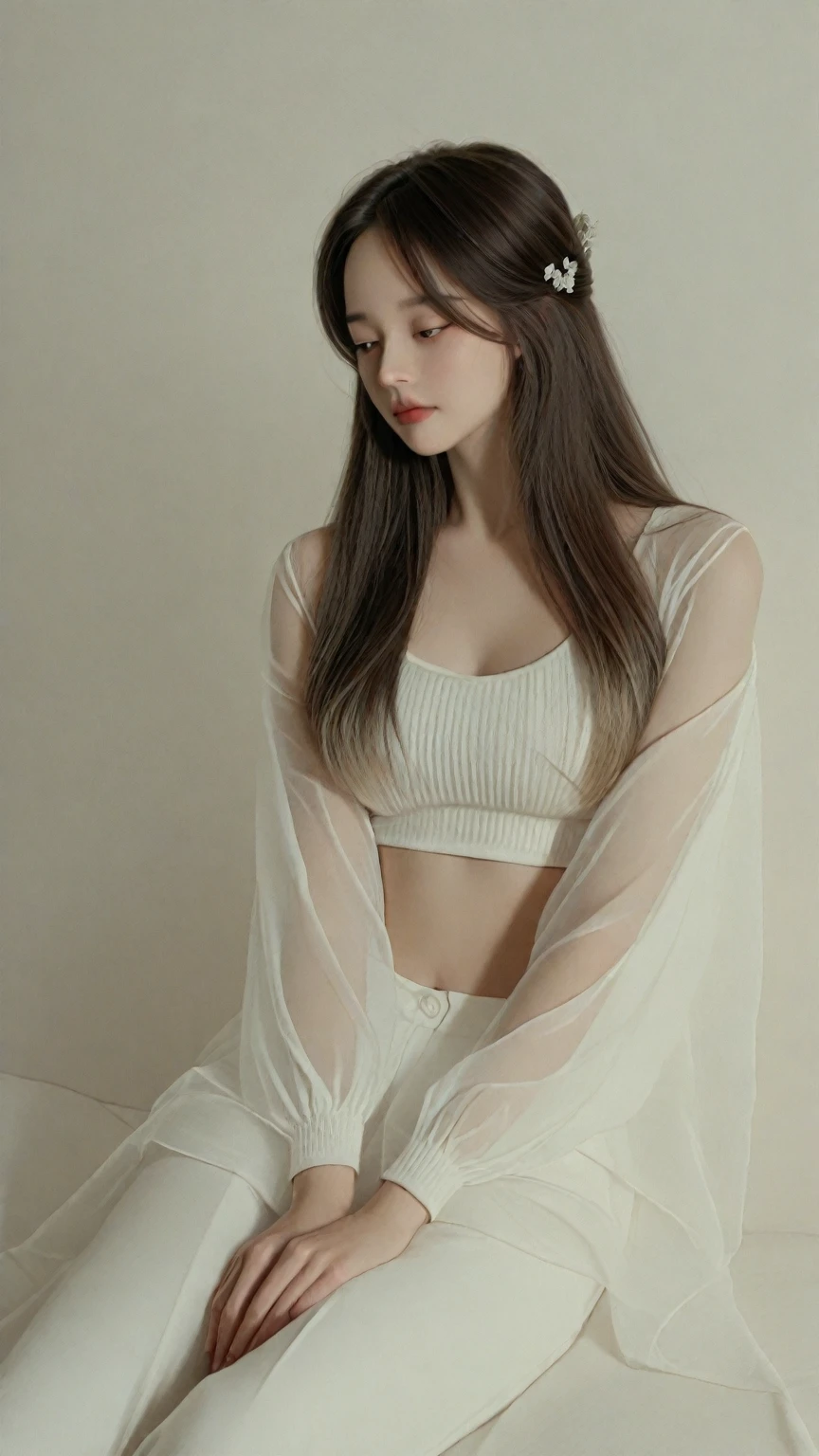 Best quality, masterpiece, ultra high res, (photorealistic:1.5), raw photo, detailed skin, 1girl, perfect body, white cotton shirt, art gallery background:1.2) , long hair ( white theme :0.9)