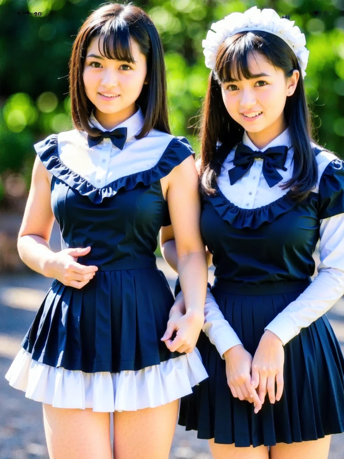 Two cute anime girls tongue kiss while sitting on the seat of a motorcycle, at school, Maid uniforms, At night
