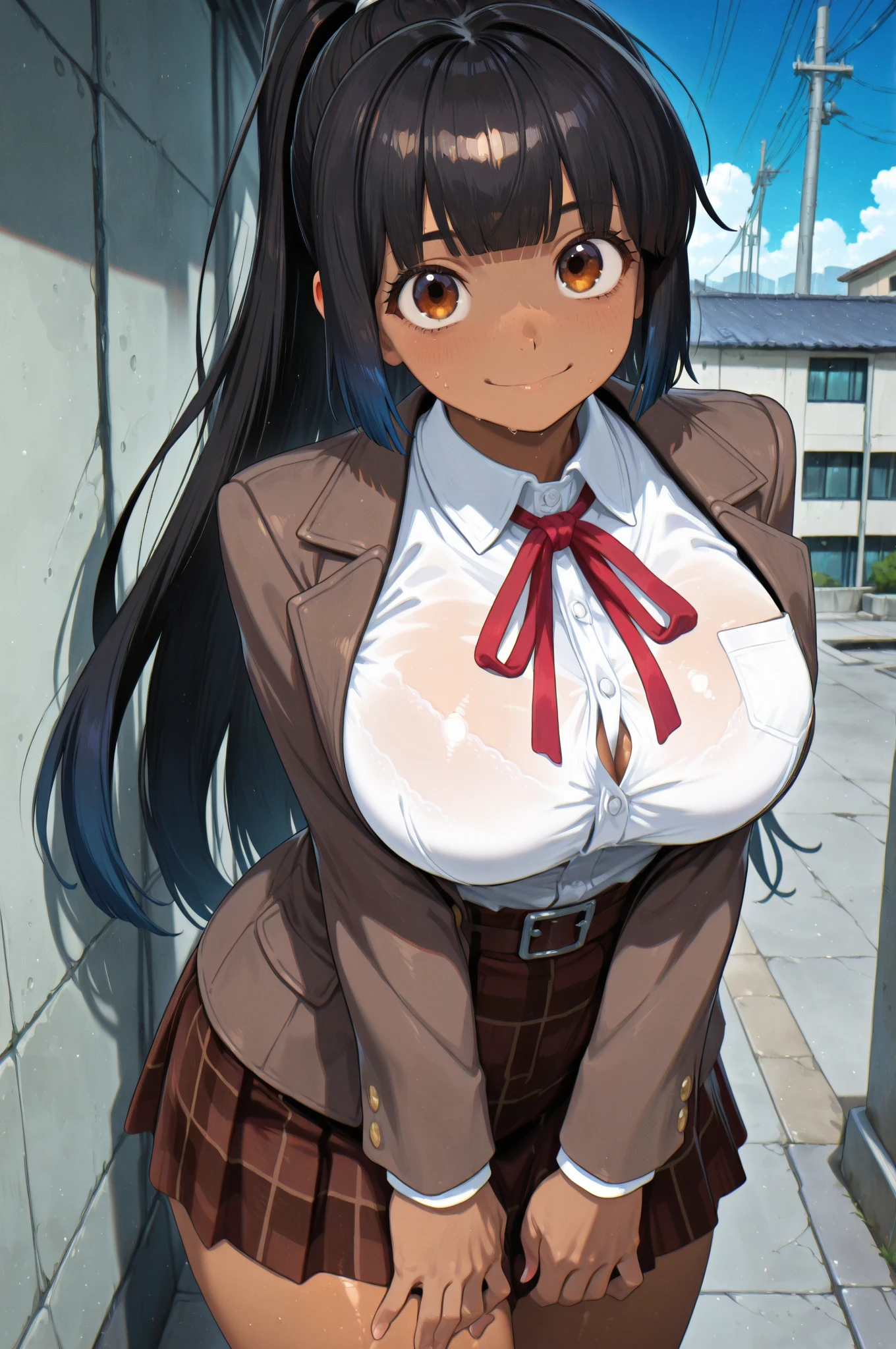 Highest image quality,masterpiece, highest resolution, 1 girl, outdoor, nsfw, blush, gigantic breasts, nipple, horse ears, horse tail, city, street, crowd, Hokko Tarumae