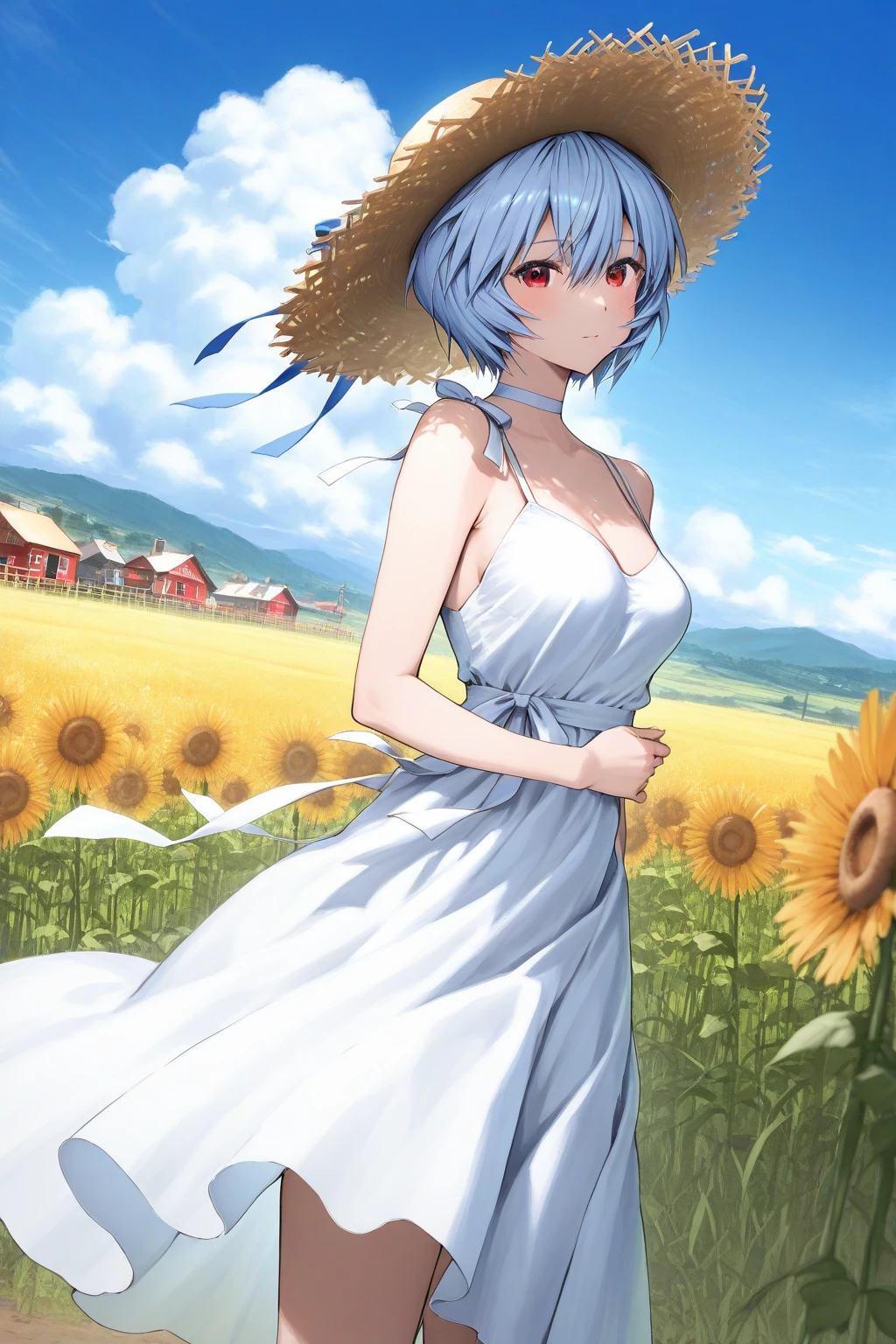 <lora:AyanamiReiV6:0.75>, 1girl, ayanamirei, bare_arms, bare_shoulders, blue_hair, blue_sky, breasts, brown_headwear, cleavage, cloud, cloudy_sky, collarbone, condensation_trail, dandelion, day, dress, field, fireworks, flower, flower_field, hair_between_eyes, hat, hat_flower, hauchiwa, light_blush, looking_at_viewer, medium_breasts, mountain, mountainous_horizon, outdoors, petals, red_eyes, red_sash, short_hair, sky, sleeveless_dress, solo, straw_hat, summer, sun, sun_hat, sundress, sunflower, sunset, white_dress, yellow_flower, yellow_sky,