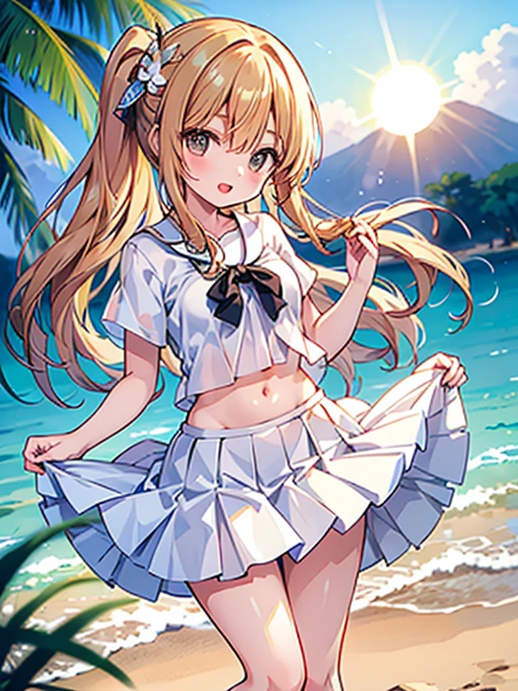 A cute white shirt that makes her look beautiful 、Light blue frilled flared skirt、She holds up her skirt with both hands、Showing off her cute white underwear、The white underwear you can see when you lift up your skirt is cute、Sandy Beach, Beautiful sea, Night and starry sky