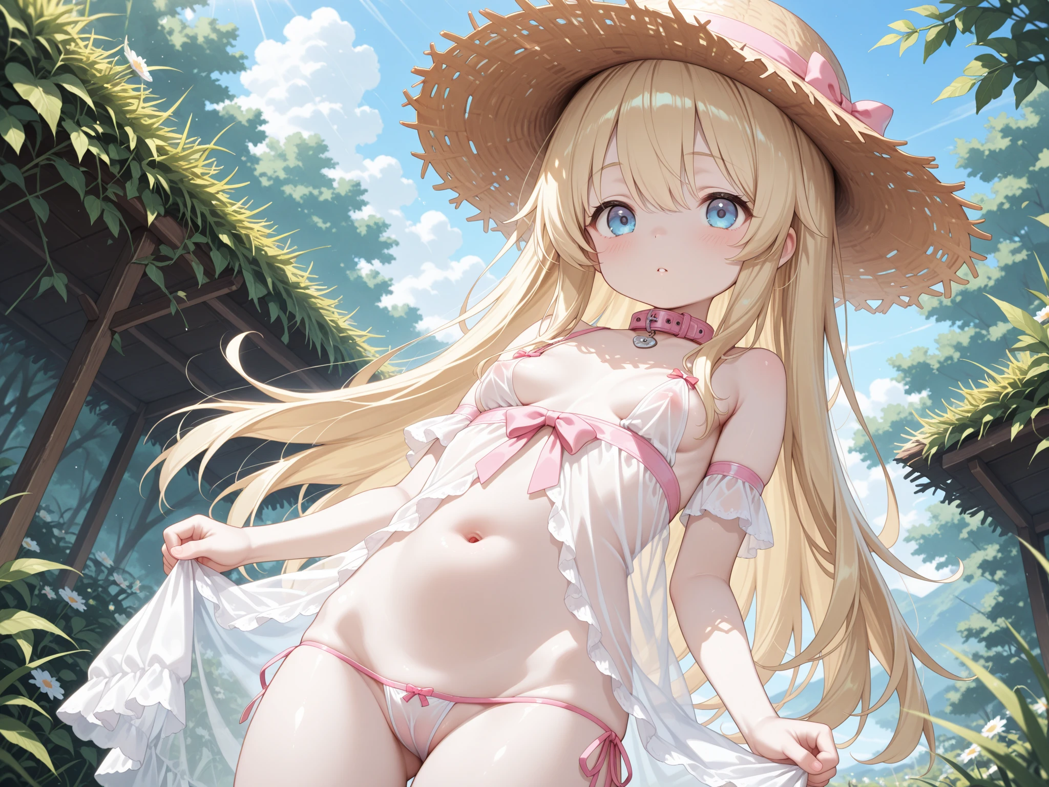 masterpiece, rich colors, Best quality, detailed, high resolution, Hyper quality, high detail, , high quality, detailing, skinny sexy girl on the beach , bright lighting , Brown eyes, Anime, palm trees, bright lighting, blonde,
