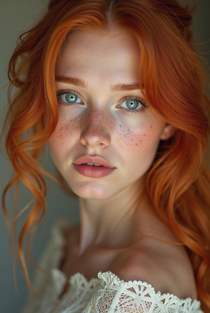 An enchantingly fiery-haired 1 Russian model poses with captivating grace and poise. The image, whether a photograph or portrait, exudes a sense of youthful beauty and sophistication. Her striking ginger locks cascade in waves, framing a porcelain complexion and piercing, intelligent eyes. Each feature is meticulously crafted, showcasing flawless skin and elegant bone structure. The high-resolution image captures every detail, from the freckles on her nose to the delicate curve of her lips. The overall composition is nothing short of exquisite, highlighting the model's natural allure and undeniable charm. full body