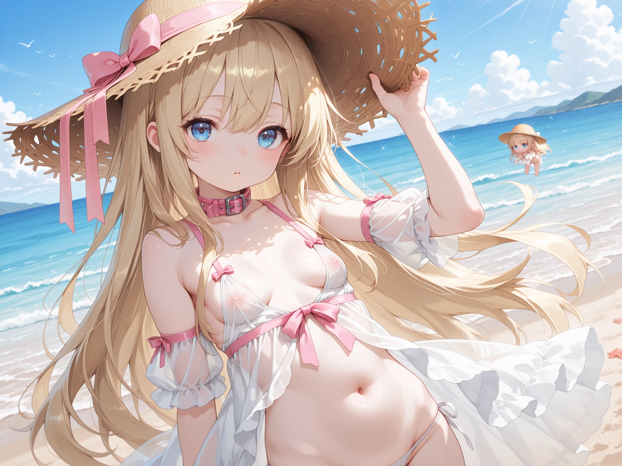 ((best quality)), (((very detailed)), masterpiece, (detailed eyes, deep eyes), (1girl), dynamic pose, upper body, lillie blonde hair, green eyes, medium breasts, (white dress), high heels, sheer clothes, beach, very sweaty, arms up, armpit, almost transparent bikini, lillie hair, small breast, small butt, small ass, lillie hat,