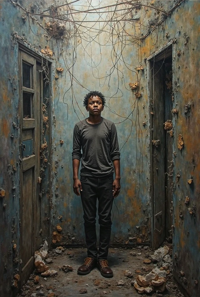 there is a man sitting in a chair in a room, sitting in a dark cell, with blood on the floor, chains on his arm, no T-shirt, sitting in a prison, in a prison cell, in a small prison cell, by Dietmar Damerau, imprisoned backstage, standing in a cell, inspired by Gordon Parks, by Etienne Delessert, Brad Holland's dramatic portrait of namenlos.
