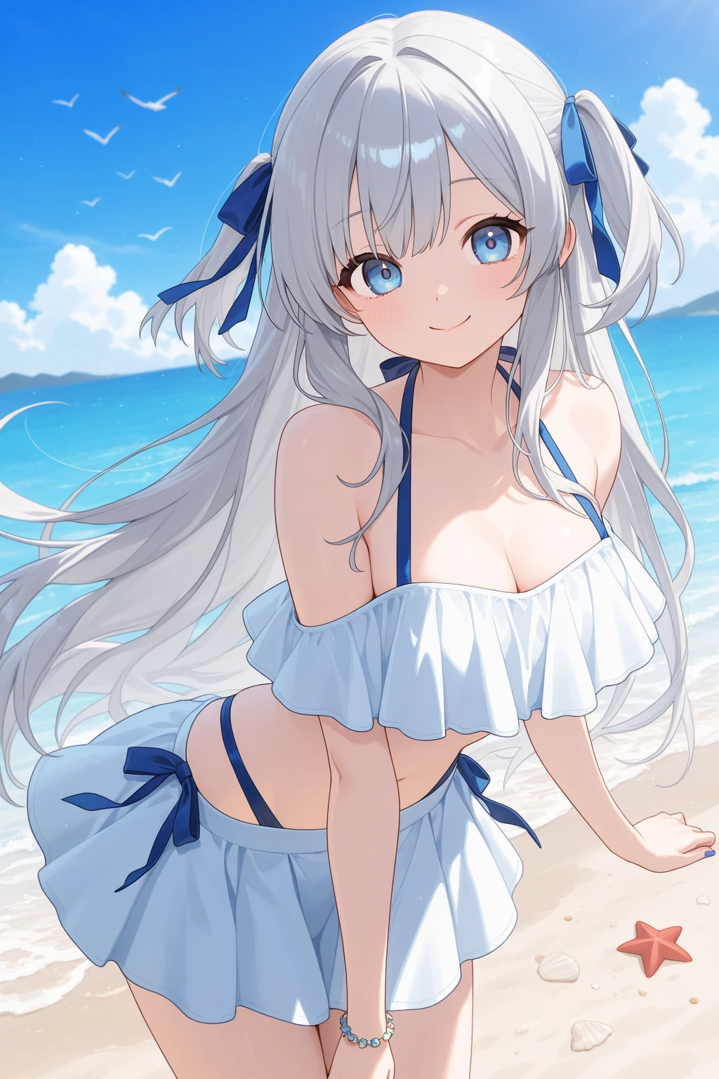 Gray Hair、Long Hair、Bright Blue Eyes、upon、Frilled swimsuit、Beach