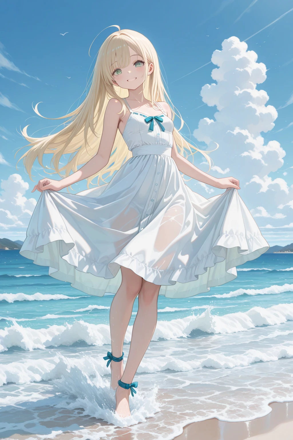 (Best Quality,4k,hight resolution, High-quality eyes, high-quality hands, High-quality legs),white colored hair, red eyes, bright colours, golden sunlight, beach background, Playful pose, clear blue sky, Sandy toes, Ocean waves, tropical paradise, (Illiasfil von Einzbern),