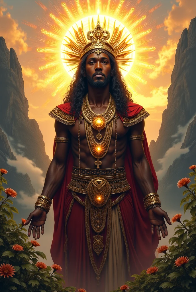 Create the image of the sun god of Brazilian indigenous culture, skin black, orange and yellow clothes with gemstones with a sun behind him.