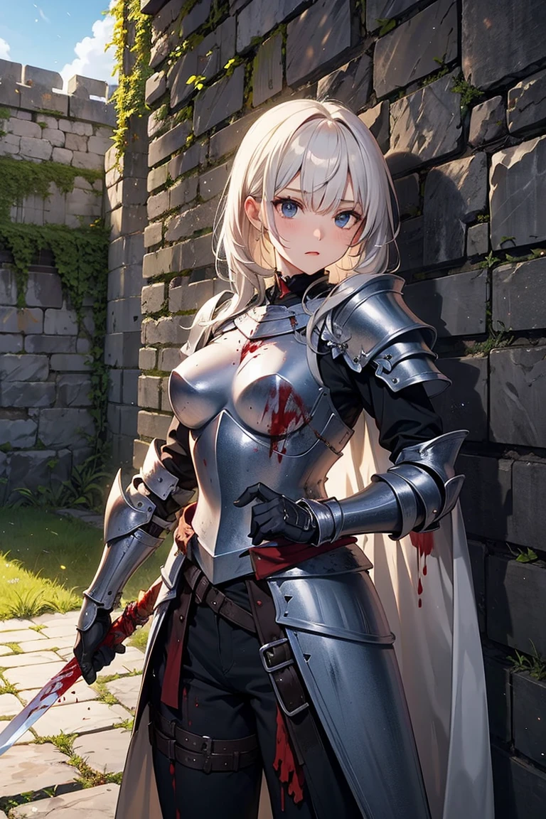 (best quality), (masterpiece), realistic, high res, all detailed, perfect anatomy, (two side up), long hair, silver hair, (red pencil Dress, single shoulders armor and Cape, pencil miniskirt), medium cleavage, black thigh-highs, (injury skin, scar skin, bleeding skin, torn clothes, Broken Armor), BREAK solo, 1girl, (extend tentacles, restrained, tentacle bound limbs, suspension), (one eye closed, tears), sigh, blush, sweat, drooling, (tentacle-pits), cinematic lighting, diffraction spikes, zettai ryouiki, cowboy shot,