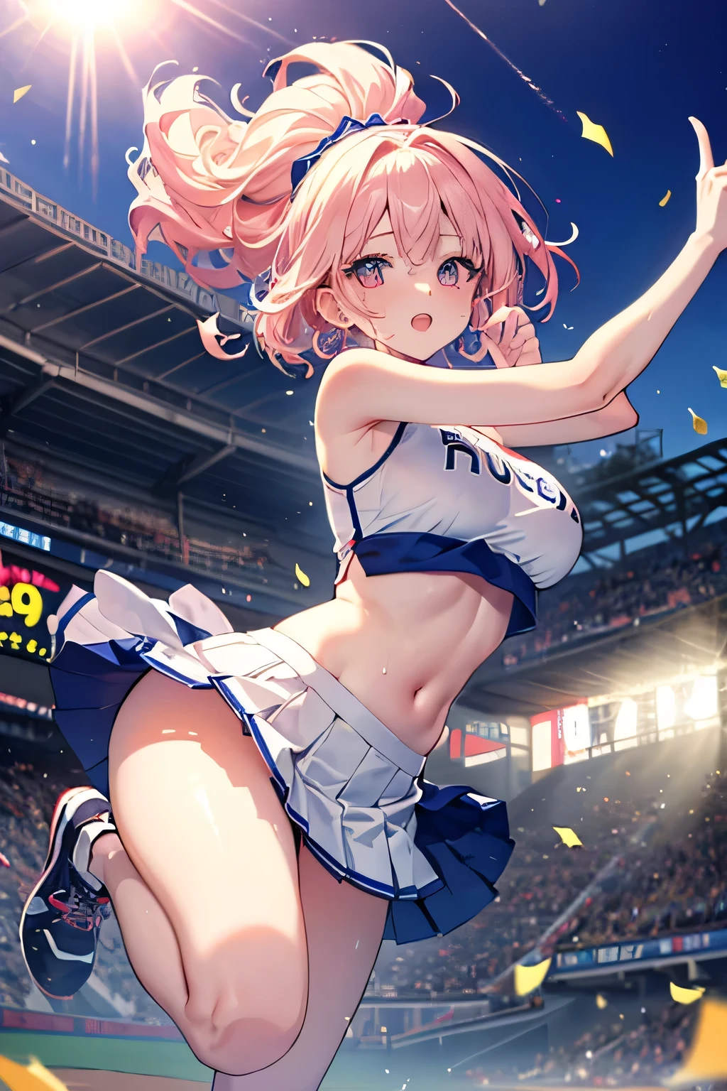 高いquality illustration, masterpiece, Very delicate and beautiful, Attractive girl,(Cheerleaderのコスチューム,Super mini pleated skirt,Knee-high socks、Underskirt),Sweaty,thin,Slender body,slim,high school girl,Dimly lit gymnasium warehouse、Sit on the mat、Secret secret meetings、Cheerleader,Big Breasts、Flushed Cheeks、、Nice body