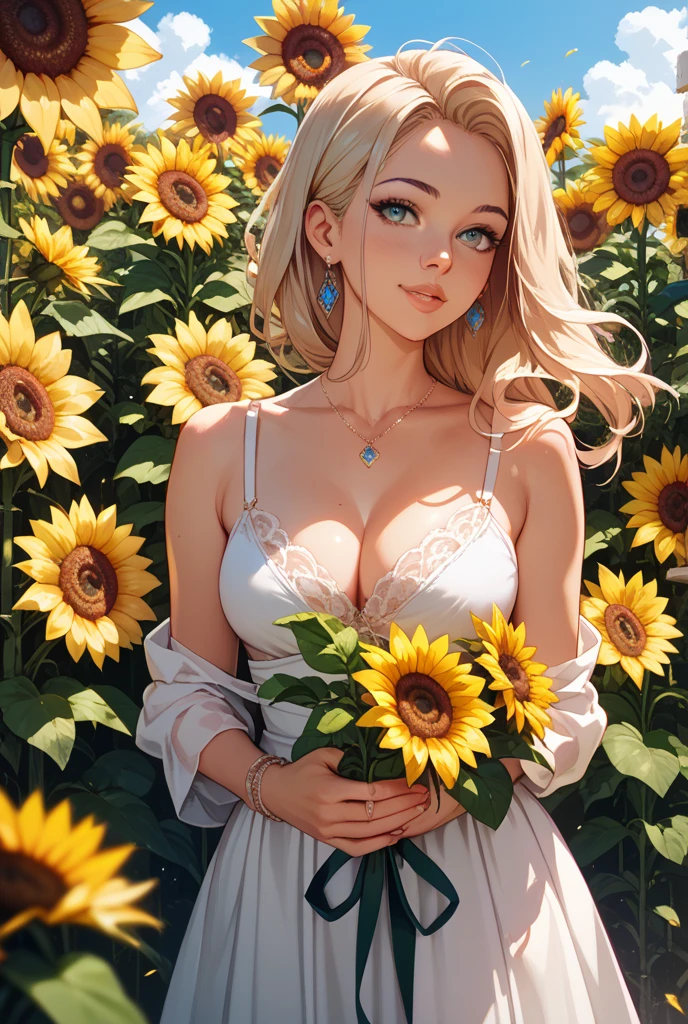(best quality, masterpiece), 1girl, particle, wind, flower, blonde, smile, closed eyes, blouse, cabelos preto e longos, cheerfulness, Rejoice, Perfect quality, Clear focus（Clutter - home：0.8）, （tmasterpiece：1.2） （realisticlying：1.2） （Bokeh） （best qualtiy） （detailedskin：1.3） （complexdetails） （8K） （detailedeyes） （Sharp focus）, （having fun）closeup cleavage, Luminism, cinematic lighting, wide shot, retina, textured skin, anatomically correct, best quality, award winning