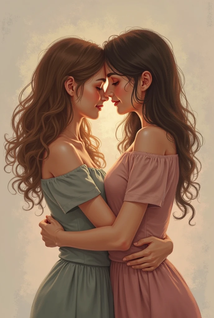 Create a drawing of two teenage lesbian girls, one brunette with 3c and medium curly hair and the other white with short 3a curly hair but it looks a lot and dark red