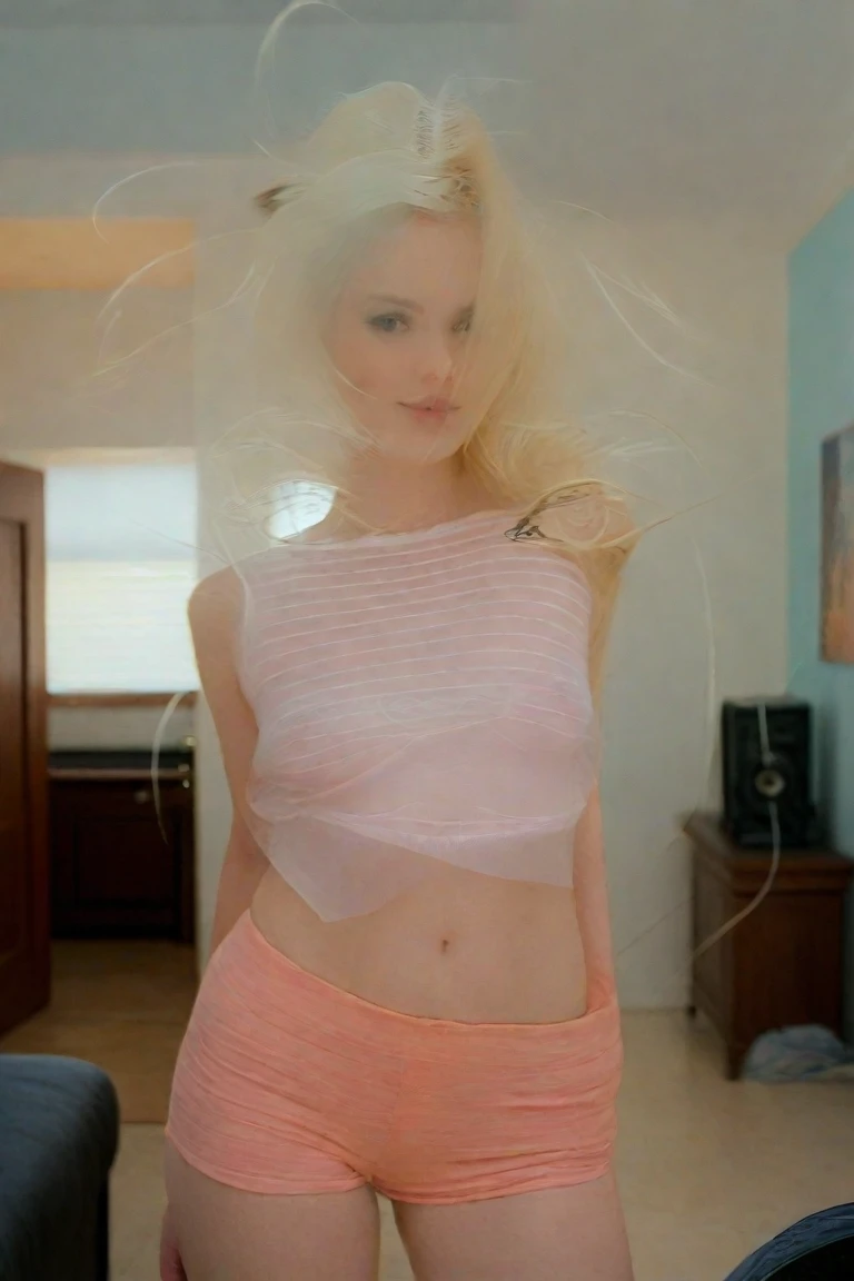 Create stunningly gorgeous and beautiful perfect girl images, Her hair color is blonde., Wearing a transparent sweater (Long Hair), Green eyes and an athletic body, Small breasts, Spread your legs, (Are standing), Rear camera footage, Shot in the back, See-through nightgown that lets you see her panties.