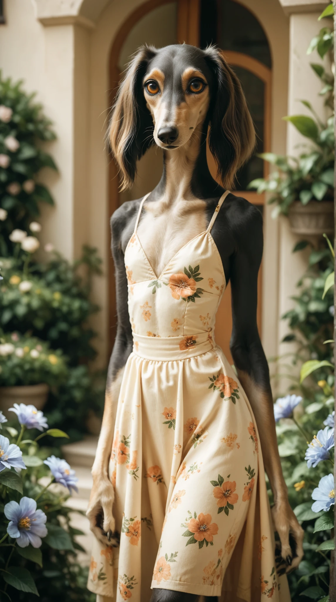 happy girl standing in a summer dress. Set against an summer backdrop that is covered in flowers. saluki, greyhound, borzoi, sighthound, beautiful eyes, golden eyes, paws, (black fur), flat chest
