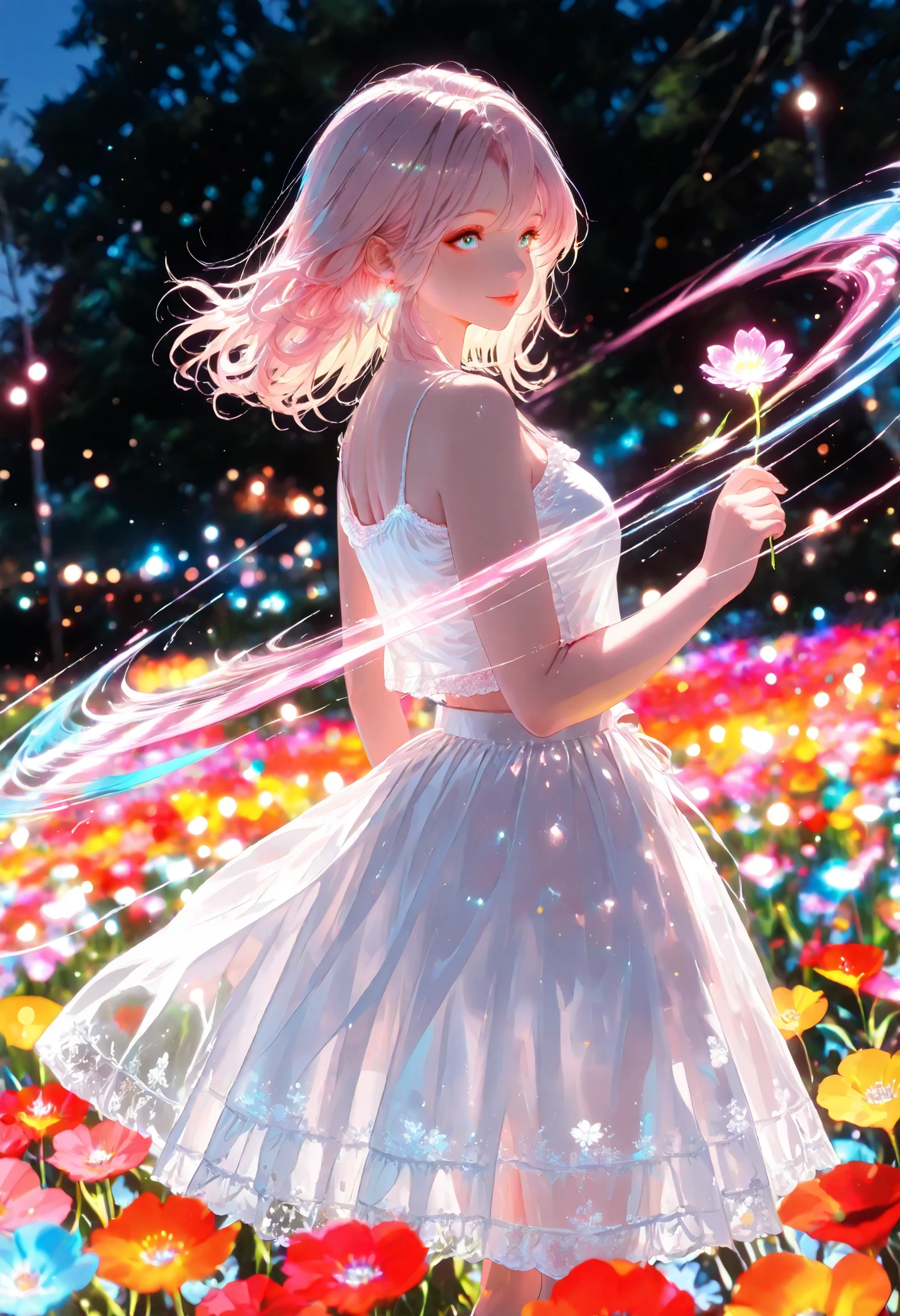 Neon Light Border Shining Woman Illustration, ((Spinning Motion:1.4, The hem of the skirt widens:1.2)), white camisole, white long skirt, Beautiful Woman with Shining Outlines, Glowing flower field, Summer Scenery, Amazing Scenery High Resolution,4K,high quality,Extremely fine,Realistic,as pictured,HDR,UHD,Studio Lighting,ultra-detailed depiction,Clear Focus,physically-based rendering,professional,bright colors,bokeh