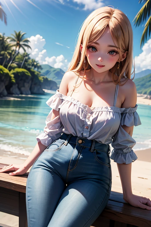 shallowdepthoffield，Long wavy，curled，Long waves，Long blonde hair，Purple pupils，((gigantic cleavage breasts))，(Denim vests do not wear underwear，Expose your chest，exposing your navel:1.5)，(Super short skirt:1.5)，sitting on the stone，The scenery behind you is beautiful，Wide crotch，The photo contains the upper body and thighs，ellegance，womanly，carismatic，Red Jewel，Blush Eyeshadow，Pure desire，((Legs crossed)), Dynamic angles and poses，Dutch angle