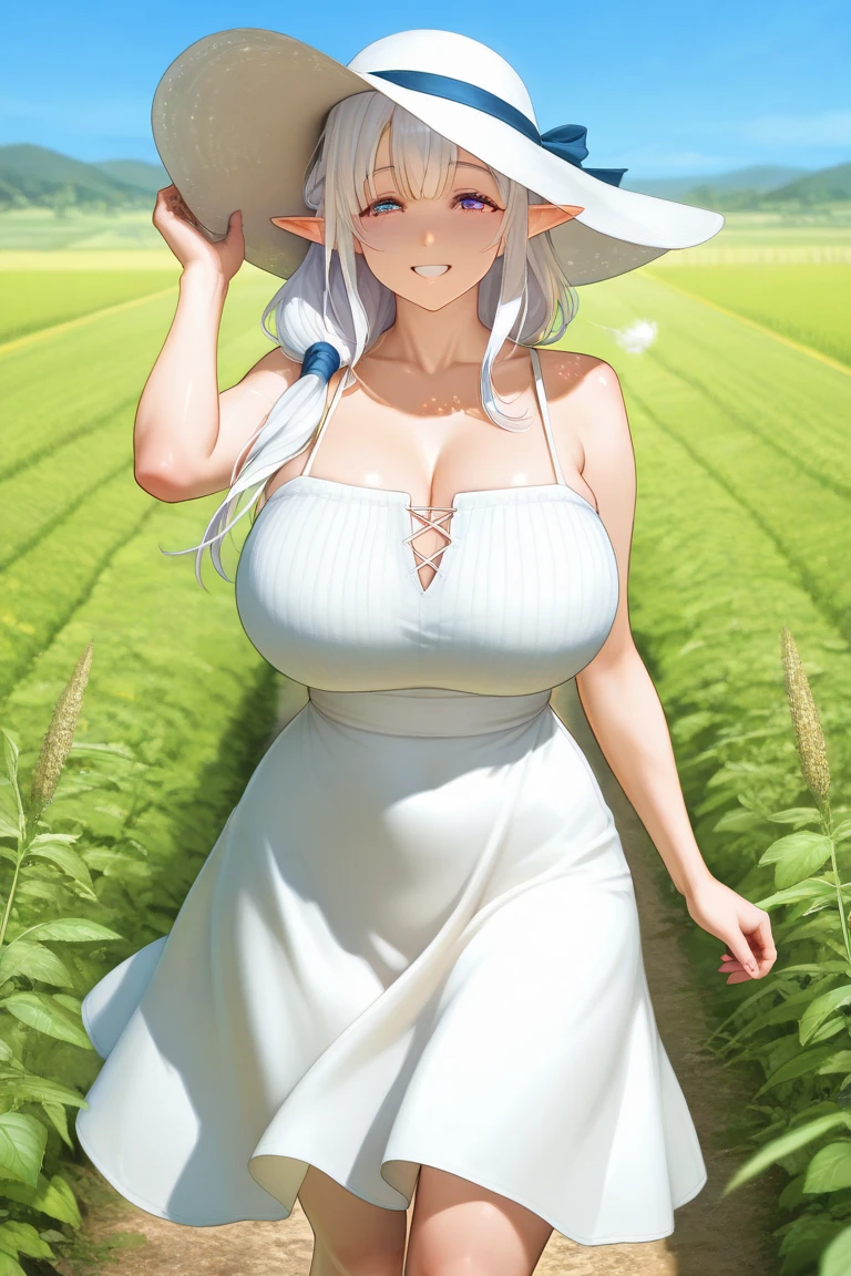 best quality, best resolution, (fluffy anthro furry), arctic fox girl, silver hair, blue eyes, (white fur), long straight hair, big breast, sophisticated manner, (white sundress, straw hat), standing, park