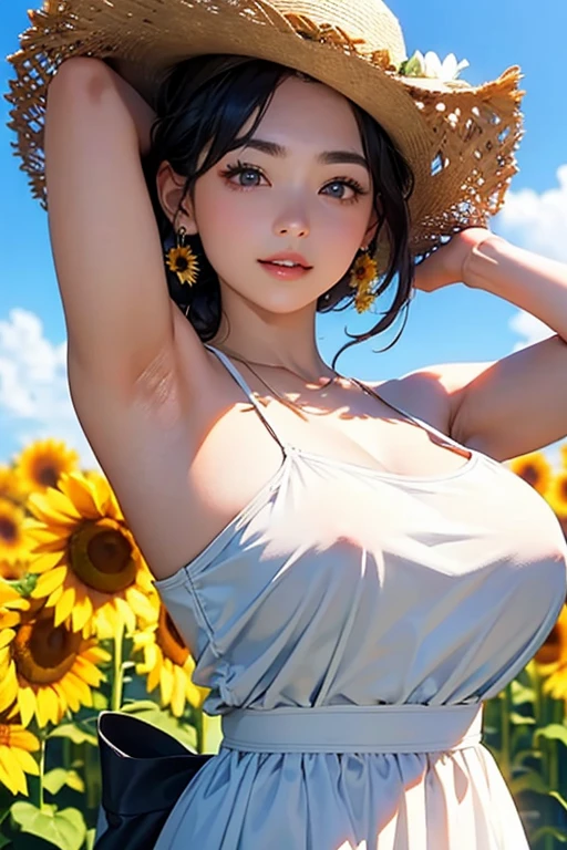 8K、RAW Photos、Highest quality、Super detailed、Super Resolution、Ultra HD、8K壁紙、Amazing details American blazer uniform girl ((White blouse with formal collar, Blue blazer, Blue plaid skirt, Red checkered ribbon on blouse)), Complete limbs, Full Finger, 
A large sunflower field in the countryside、Straight road、Walk through the sunflower field,smile、sun、School bag、Heart Necklace
(((Emphasize cleavage)))
((Full body photo))
((Blue sky))
