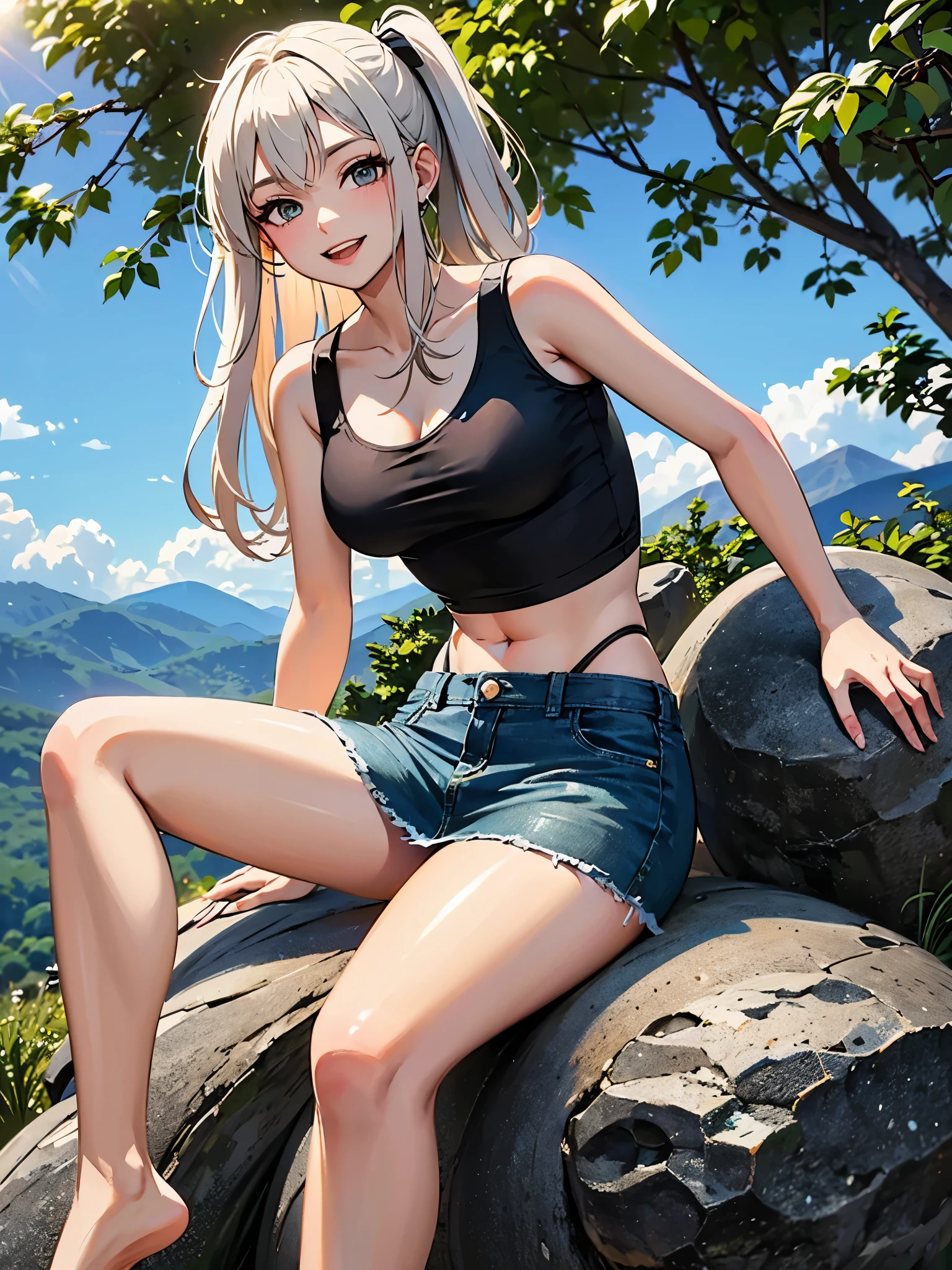 grassland, sun shine, mountain, brook anime style, 8k, masterpiece, ultra high res, Navel exposed tank top, denim skirt, mini skirt, barefoot, brown long hair, pony tail, close eyes, happy smile, sitting on rock,