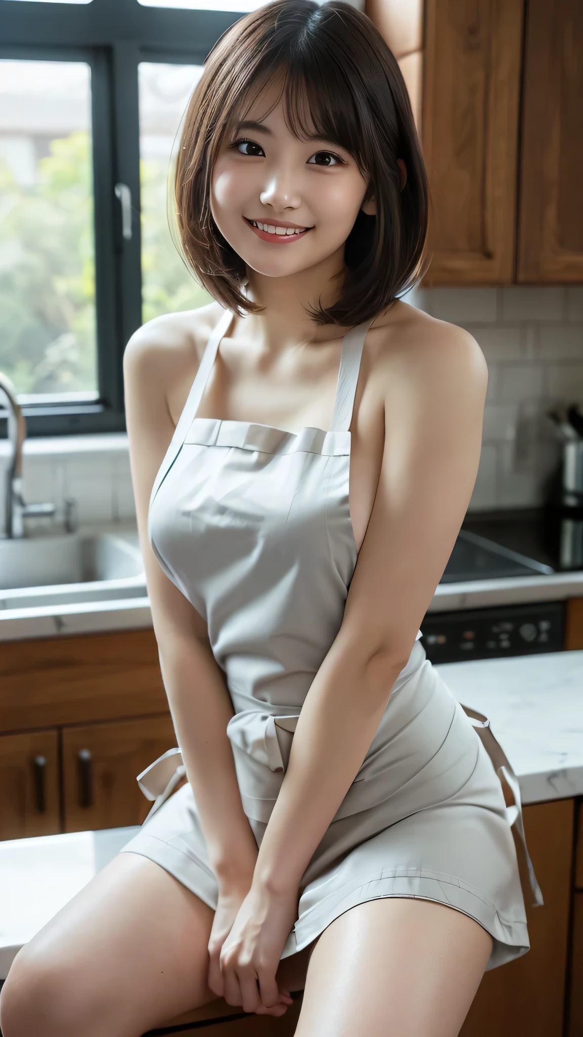 (Best quality, 8k, masterpiece), a beautiful woman with perfect figure, dark brown hair, wearing a pendant, wearing an apron, in the kitchen, highly detailed face and skin, detailed eyes, double eyelids, big breasts,full body.