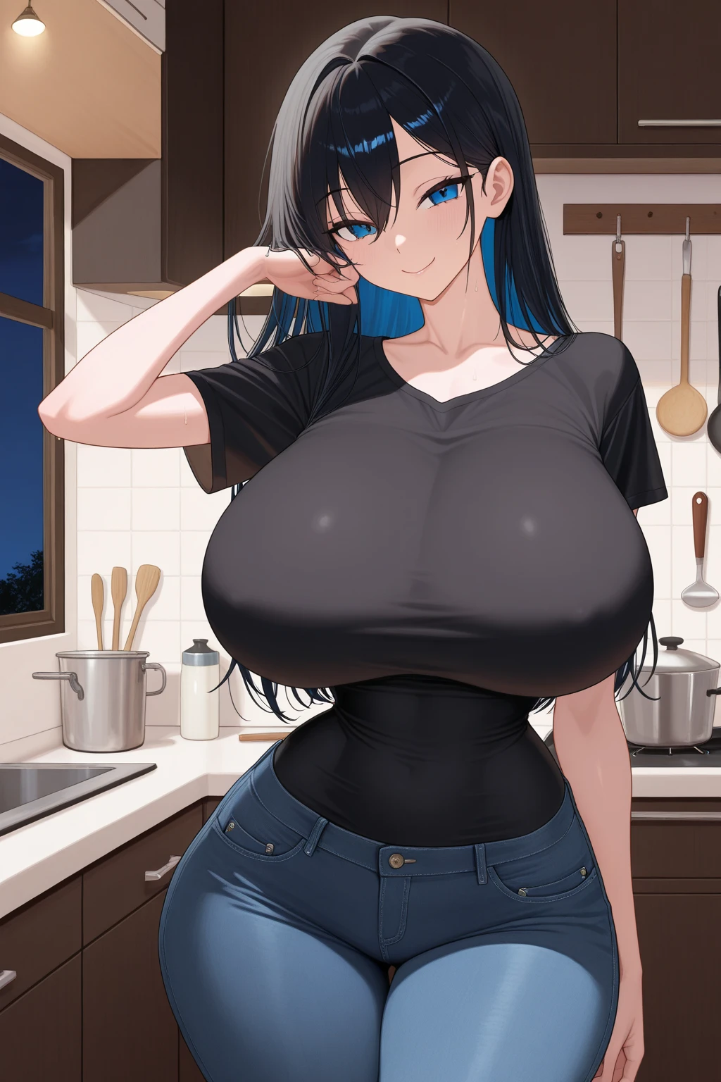 masterpiece, best quality, (realistic), 1girl, solo, mature female, milf, motherly, forehead, older, 30yo, huge breasts, narrow waist, wide hips, curvy, wide hips, straight hair, long hair, high ponytail, dark hair, dark eyes, (black t-shirt, cleavage, short sleeves, jeans, denim), standing, hands on hips, looking at viewer, smile, kitchen