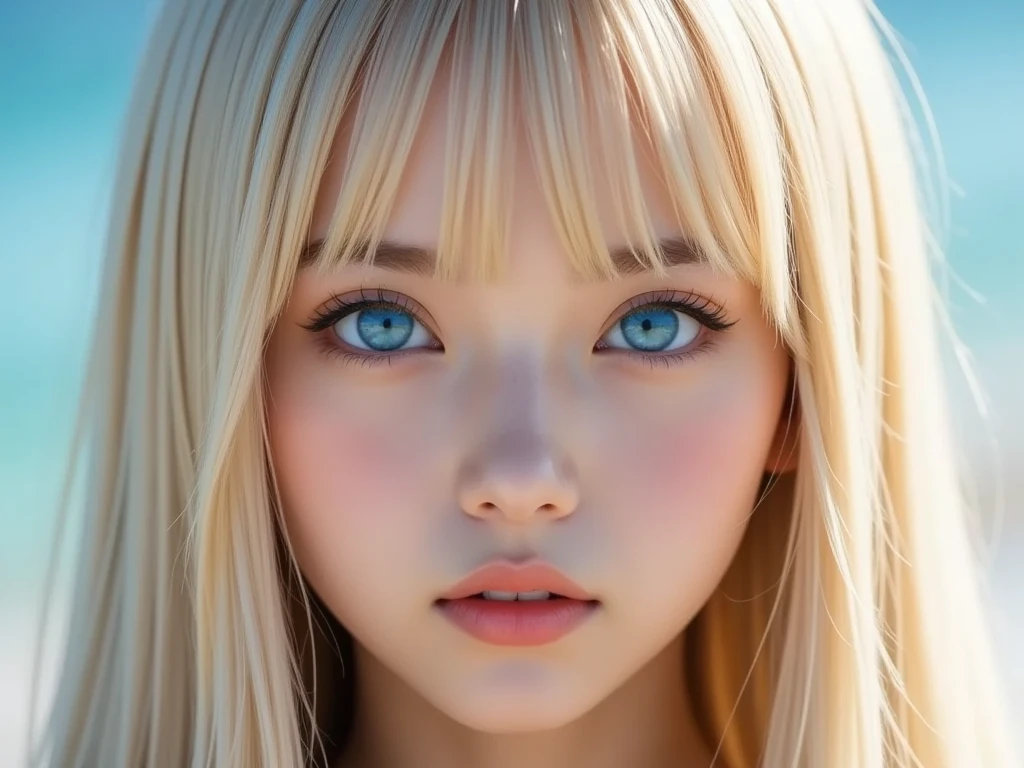 high quality、最high quality、Photorealistic、Raw photo、Real、超Real8K CG、Super detailed、High resolution、masterpiece、1 Girl、Super long hair、Light blonde hair、Bright Blue Eyes、Detailed face and eyes、Close-up、Intricate details、Detailed Texture、details、details、A perfectly beautiful face、Messy silky beautiful light blonde hair、Beautiful cute girl 16 years old、Very beautiful beautiful bright pale sky blue big eyes、Very super long beautiful blonde silky shiny hair、Long beautiful bangs、Very big eyes、Small Face Beauty、eyeliner、very white shiny skin、Gloss Face、Cheek gloss、Hair above the eyes、片Hair above the eyes、Hair between the eyes、