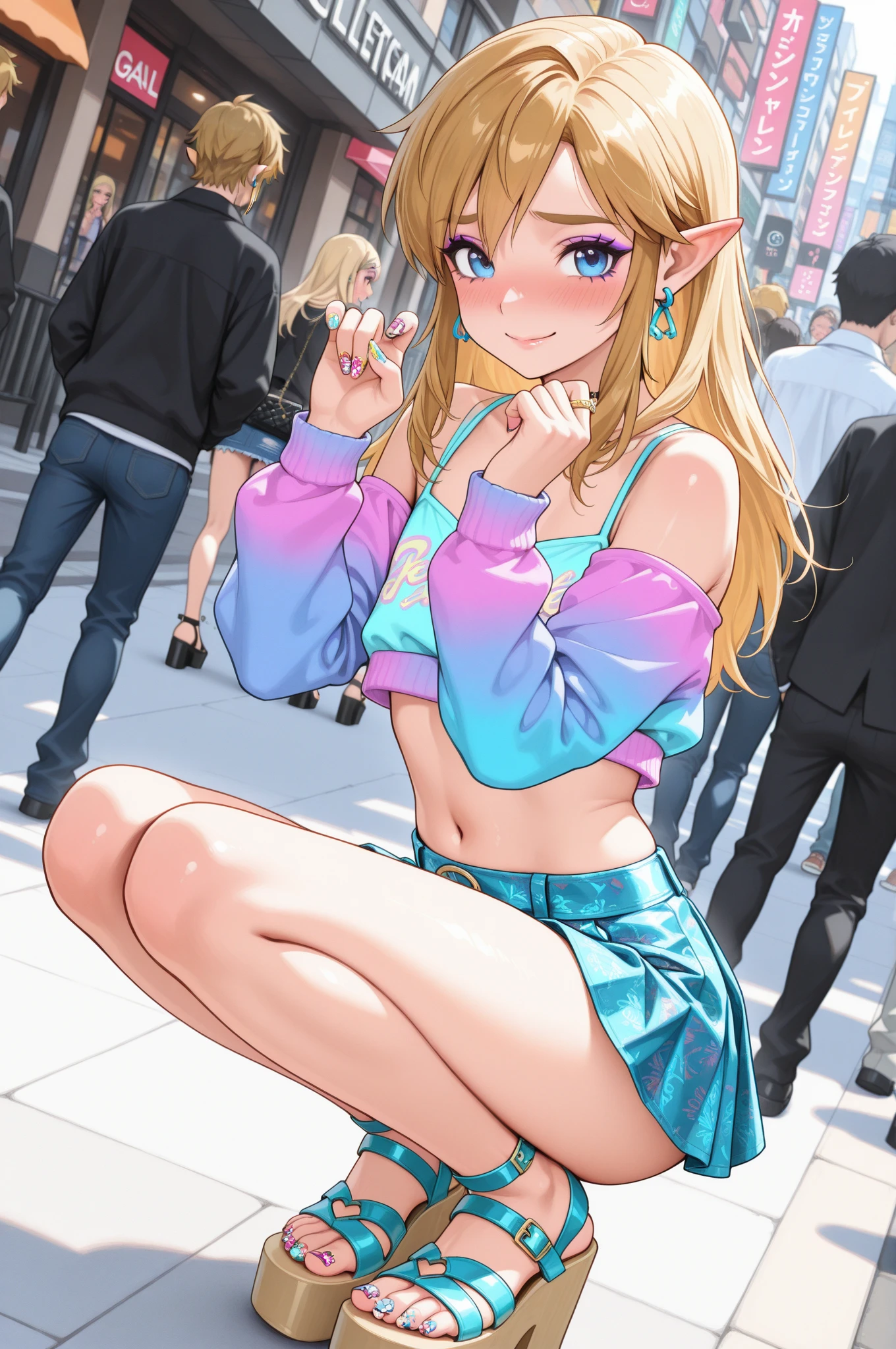 1boy, otoko no ko, link, crossdressing, gyaru fashion, mini skirt, crop top, blonde  hair, gyaru makeup, nail art, earrings, platform sandals, squatting pose, embarrassed smile, blushing, gal peace pose, shy body language, looking at viewer, stylish and cute, trendy summer outfit, fashionable streetwear, vibrant Harajuku street, casual pedestrians in background, Instagrammable moment, colorful urban setting, Dutch angle, solo focus

amazing quality, high resolution, ultra-detailed, absurdres, masterpiece, best quality, very aesthetic, Instagram filter style