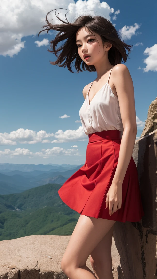 She stands on a cliff, her summer-colored skirt fluttering in the wind.