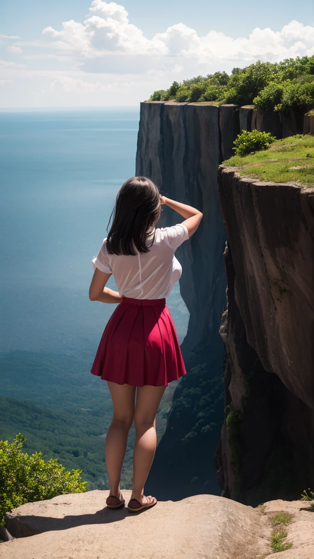 She stands on a cliff, her summer-colored skirt fluttering in the wind.