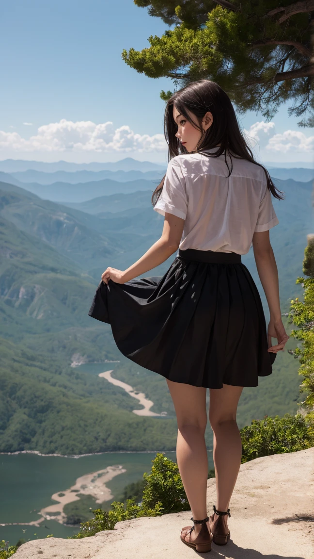 She stands on a cliff, her summer-colored skirt fluttering in the wind.