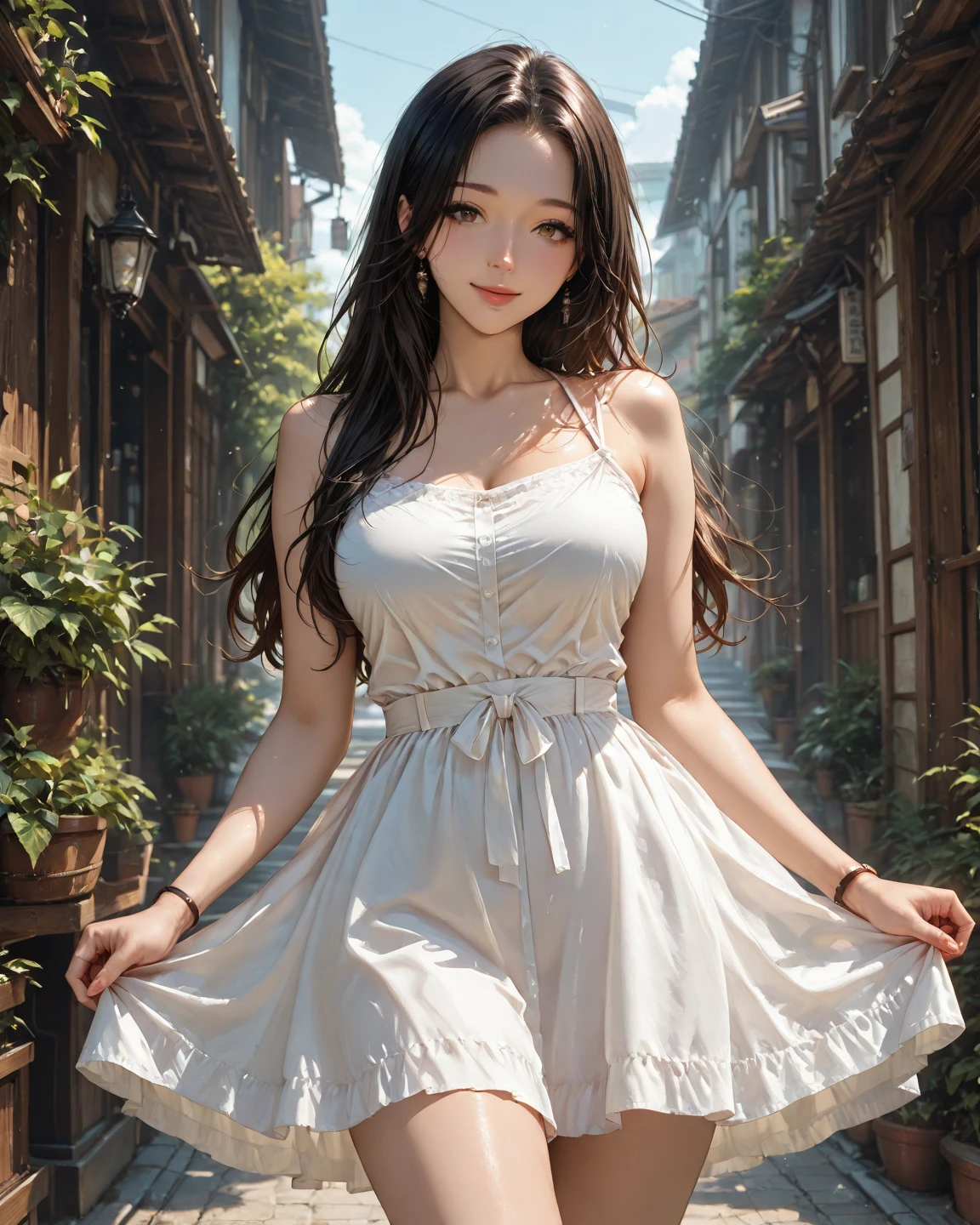 best quality, masterpiece, highres, 1girl, blue flared chiffon short dress, smile, closed mouth,lips, blonde long hair, detailed beautiful eyes,detailed eyelash, Beautiful face,upon_body, tyndall effect,photorealistic, rim lighting, two tone lighting,(high detailed skin:1.2), 8k uhd, dslr, soft lighting, high quality, volumetric lighting, candid, Photograph, high resolution, 4k, 8k, Bokeh, in downtown, afternoon