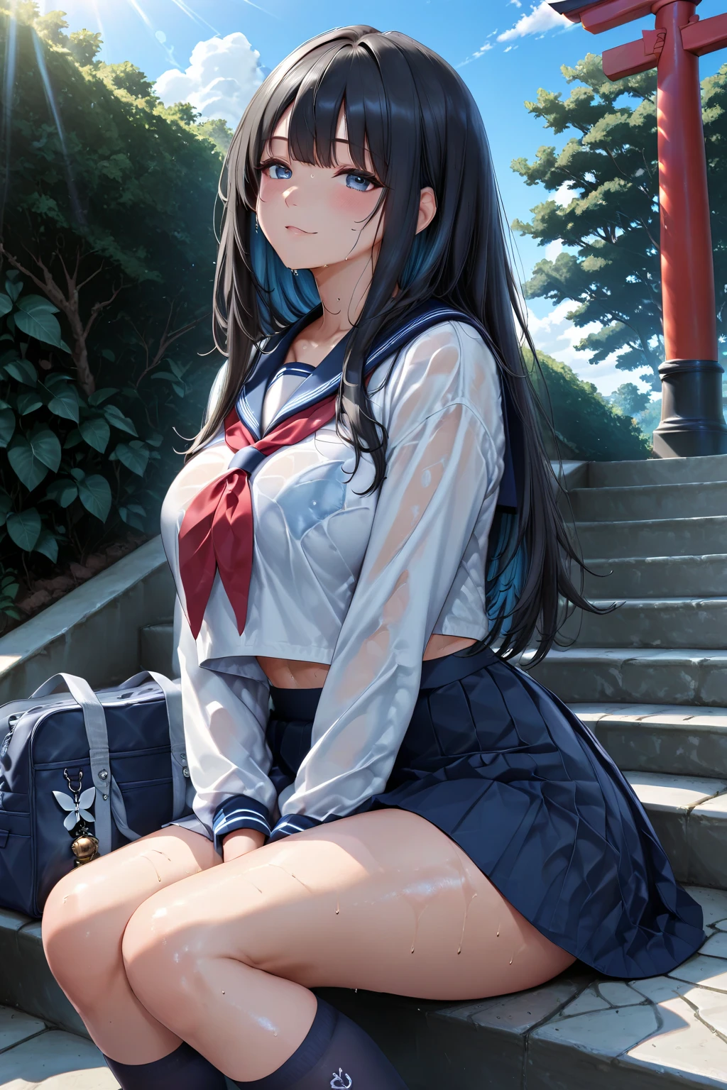 illustration:one,25 years old,Wear a thin white shirt,Sexy thighs,Black hip skirt,Black hair,Black long straight,Look at the camera,Big breasts,Adult female,You can see her whole body,On the seaside road,Wind Blow