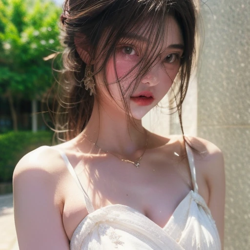 1girl, (looking at viewer:1.2), detail face, (a girl standing, rending on cgsociety, Rose bush backdrop), romanticism, atmospheric, (RAW photo, best quality), (realistic, photo-realistic:1.3), masterpiece, an extremely delicate and beautiful, extremely detailed, D cup,Cleavage,Translucent brown tube top 1.5)Hair in a bun,Exquisite eye details,