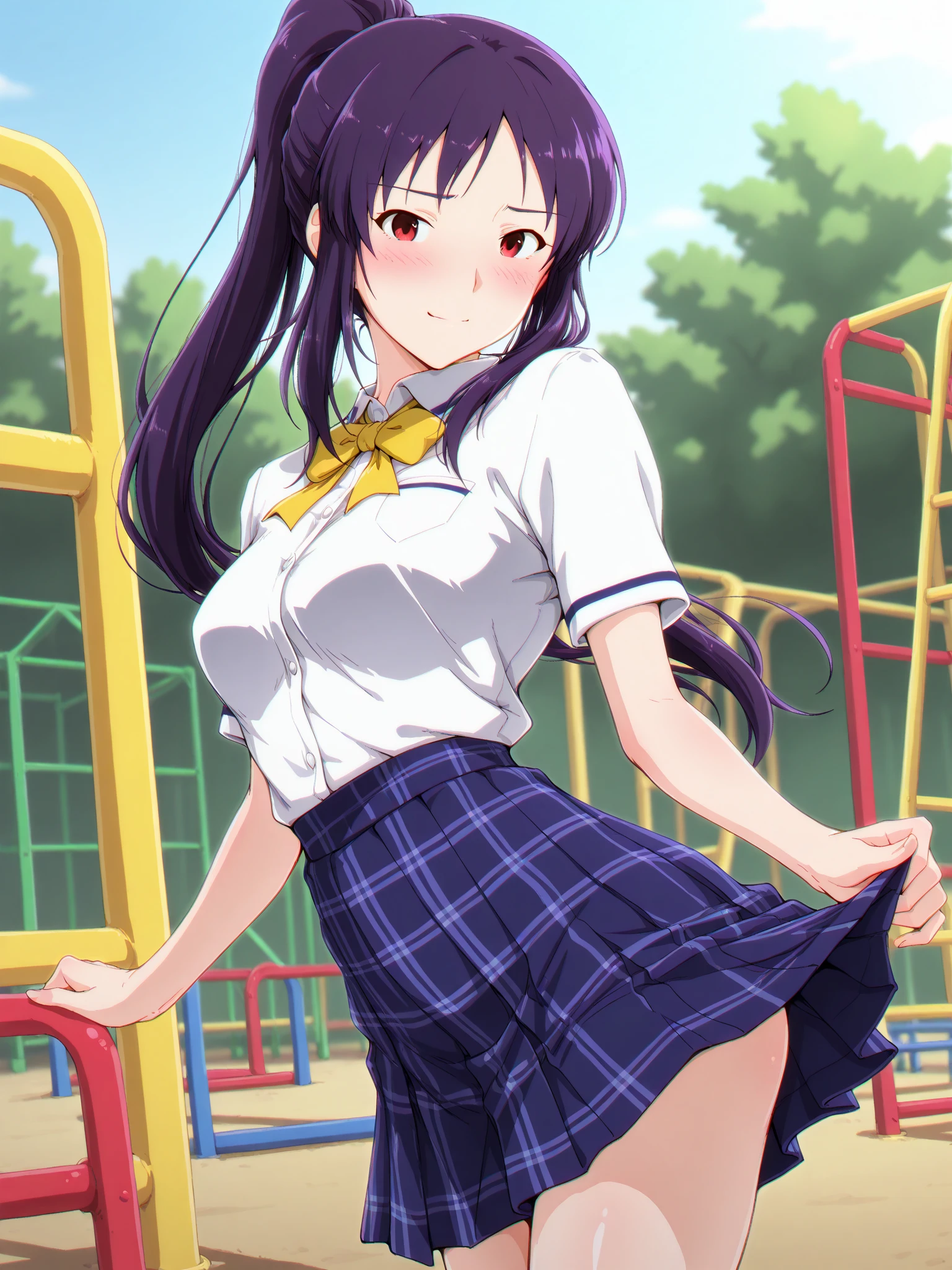 Minya Johnson, Mini Yaemori, Long hair, Bangs, Black hair, Blue hair, (Purple eyes:1.1), multicolored hair, Blunt bangs, striated hair, Ahoge,BREAK  shirt, White shirt, Short sleeves, clothes writing,BREAK looking at viewer,BREAK (masutepiece:1.2), Best Quality, High resolution, Unity 8k壁纸, (Illustration:0.8), (Beautiful detailed eyes:1.6), extra detailed face, Perfect Lighting, extremely details CG, (Perfect hands, Perfect Anatomy),Naughty big、Smile with open mouth、cowboy  shot、thighs thighs thighs thighs、(Skirt lift:1.3), (Blue stripes々Panties:1.3)、(Skirt that rolls up:1.3)、(Fully exposed panties:1.5)、outside of house、plein air、double tooth、show the grinps、