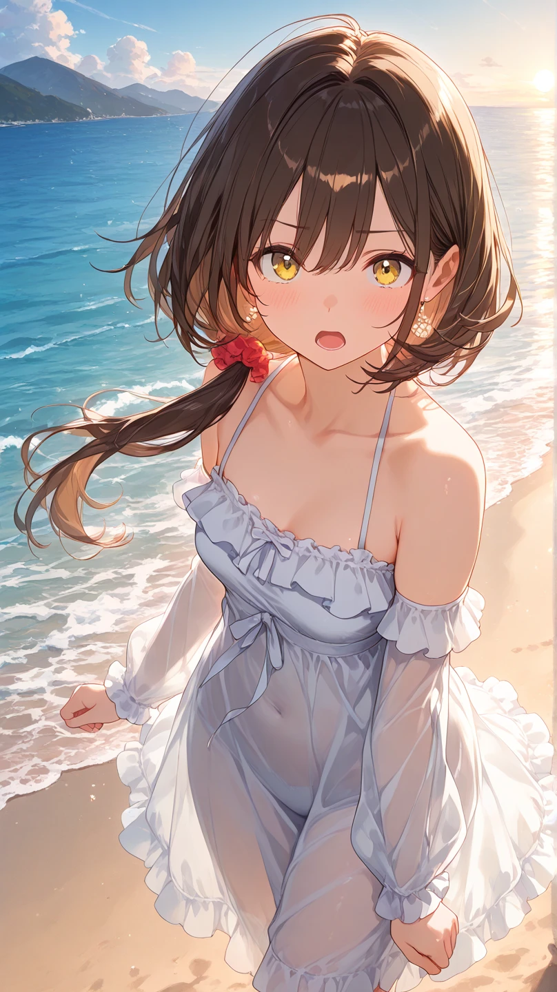(best quality,4K,8K,highres,masterpiece:1.2), Ultra-detail, random pose, from behind,takami chika, 比基尼, slightly excited and smile, Shanks, Cowboy-shot, Hair decoration, Sea in the background,wet