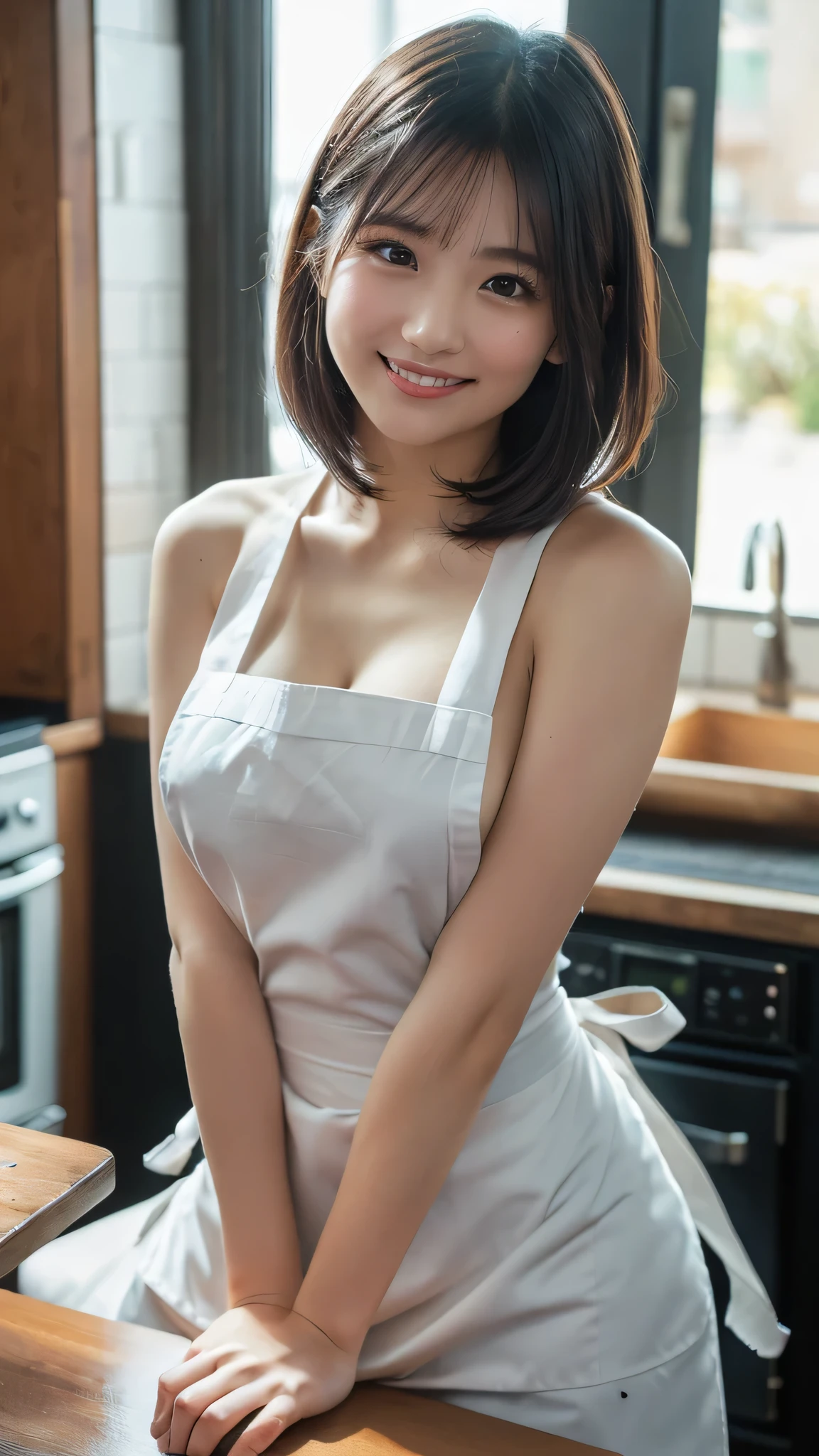 ((最hightquality、8k、masterpiece:1.3))、Crisp focus、1 girl in、Slim Beauty:1.2、brown haired、short-hair、(Inside the café)(爆乳:1.5)、(layers-Cut)、A detailed eye、二重まぶた、cute smile face、(closes mouth)、(Cute Japan human-faced beauty)、Soft skin、Reflecting the whole body、A hyper-realistic、ultra-detailliert、hightquality、(Beautiful short-haired waitress bringing coffee to the table、Wearing an apron)