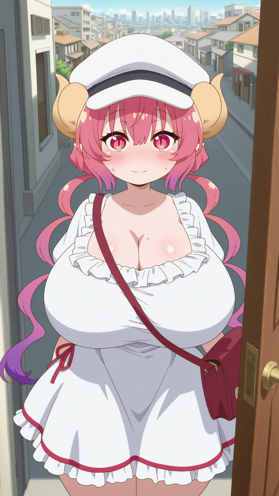 score_9, score_8_up, score_7_up, source_anime, anime screencap, no shirt, full body, smile ,large breasts, ilulu, dragon girl, long hair, pink hair, dragon horns, pointy ears, multicolored hair, red hair, bangs, slit pupils, naked, nude, uncensored, peeing, pissing, slave collar, laying on the ground, huge breast, inverted nipples, (licking toes on the ground), toes in mouth,