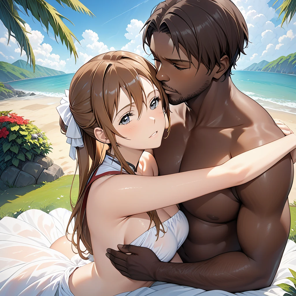 NSFW,masterpiece,Highest quality,High resolution,Super detailed,Nekone \(Utawarerumono\),Brown Hair、（Red Eye：1.3）、ribbon,Twin tails、ヘアribbon、Mole、目の下のMole,Small breasts,Japanese style,High quality sexy bikini,beach,Palm tree,Rock Shade,(Face in love),Embarrassed,blush,(Ecstasy face),(Sex slave),(Seduce),(Strong-faced men),Picking Up Girls,A man puts his hands on her waist and hugs her,Girl in Love