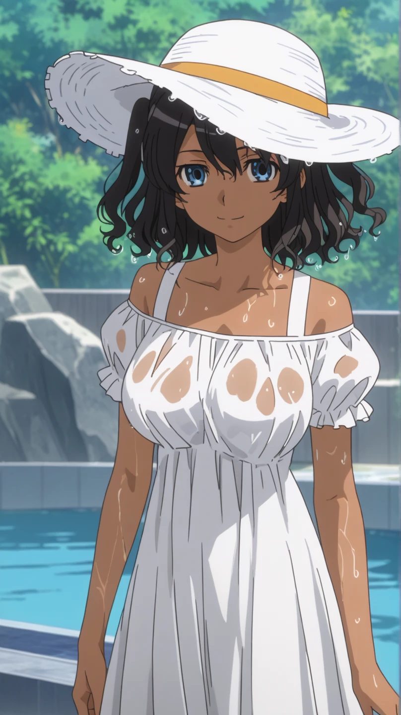 score_9, score_8_up, score_7_up, Source_Anime,(Anime screencap:1.6,),Anime cong,1 , solo, 
,mutou hana,1 , solo, short hair、Curly hair,wide-brimmed hat、white hat white dress,   wet and clear、Big , two side up, Dark skin, viewer on , curl hair looking at,Smile Yan、
 