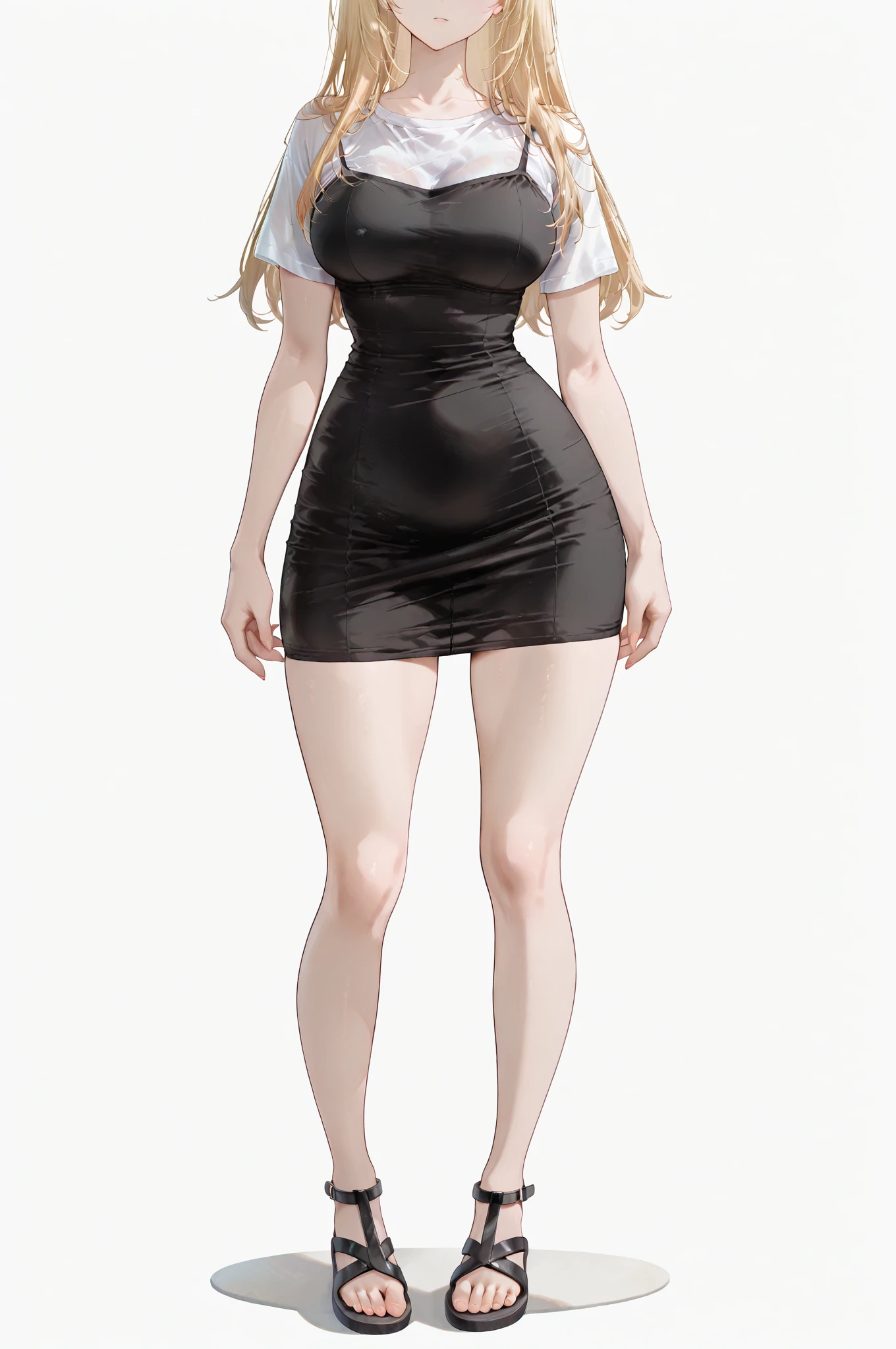 ((masterpiece, high resolution, better quality, better details)), ((Marin Kitagawa)), ((Smiling)), ((one girl)) a girl modeling standing, mini skirt, blouse, ((big neckline)), ((platform high heels)), pink eyes with black outline, (light blonde hair, straight hair, straight bangs, long hair)), long nails, pink nails, (((curvy body))), shiny skin, ((side view)), solo, bare shoulders, full body, focus full body, high heels, ((White background)),
